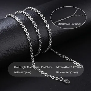 Men silver stainless steel chain necklace with adjustable 19.6 inch length and 3mm width