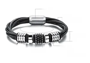 Detail view of multi-strand braided leather men's bracelet with steel beads and dimensions