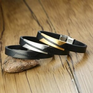 Men's stainless steel and microfiber leather bracelets in gold, silver, and black finish