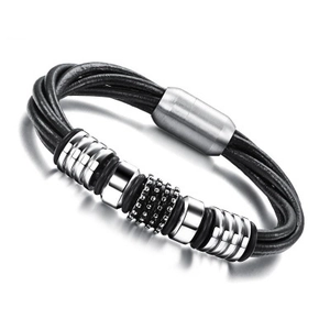 Men Braided Leather Bracelet With Stainless Steel Beads Multi Layer Cord Magnetic Clasp Punk Retro Style Male Jewelry