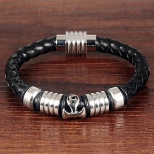 Braided black leather men's bracelet with magnetic clasp and silver metal accents