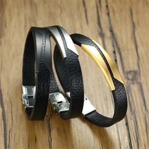 Men's microfiber leather bracelets with stainless steel geometric buckles in three colors