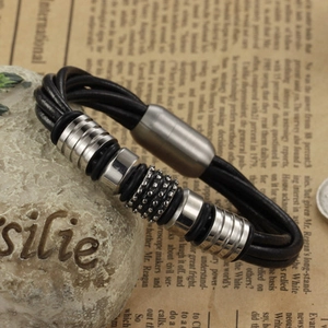 Men's multi-strand black braided leather bracelet with stainless steel magnetic clasp