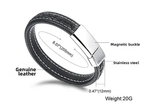 Close-up of black braided leather bracelet with magnetic steel clasp and 205mm length