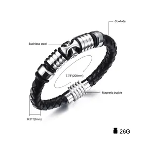 Men's woven leather bracelet with stainless steel cross and magnetic clasp 200mm
