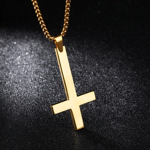 Gold stainless steel inverted cross pendant necklace with box chain for men