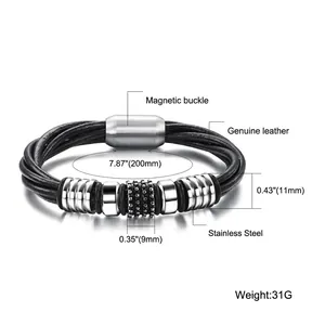Men's multi-strand black braided leather bracelet with magnetic stainless steel clasp