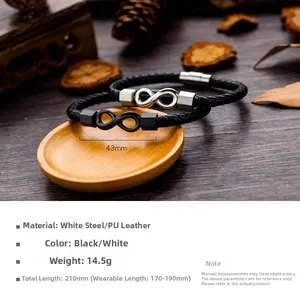 Detail view of woven leather infinity bracelet with dimensions and magnetic clasp specs