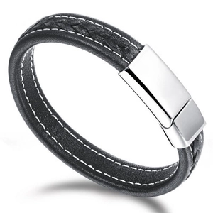 Men Punk Rock Braided Leather Bracelet With Stainless Steel Magnetic Buckle Contrast Stitching Casual Jewelry Black Silver