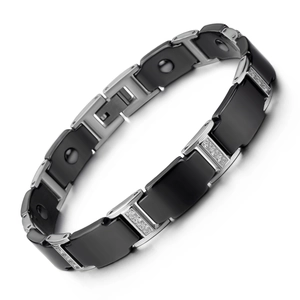 Bracelet de Santé Magnétique en Acier Inoxydable pour Hommes Céramique Noire Incrusté de Strass Bracelet Gourmette Homme