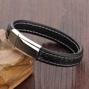 Men's punk rock leather bracelet with white stitching and silver magnetic clasp