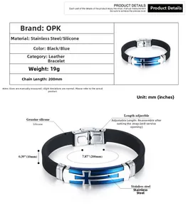 Detaillierte Spezifikationen des Herren-Silikonarmbands mit blauem Stahlkreuz