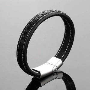 Men's punk rock style black braided leather bracelet with silver magnetic metal clasp