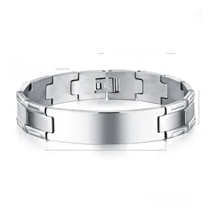 Polished stainless steel men's bracelet with 48mm engravable plate, 210mm long
