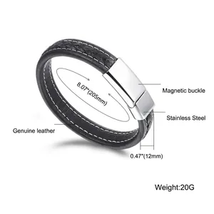Men's punk rock black braided leather bracelet with magnetic stainless steel clasp