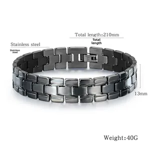 Detail view of 13mm wide black stainless steel watch band bracelet with folding clasp