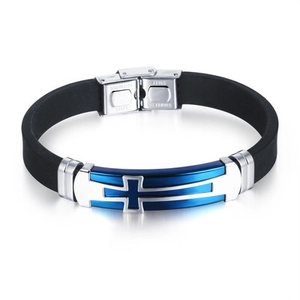 Retro Herrenarmband aus schwarzem Silikon mit blauem Edelstahl Kreuz Anhänger