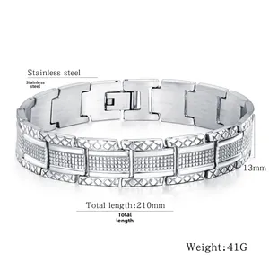 Detail showing a 13mm wide stainless steel men's bracelet with grid texture and openwork frame