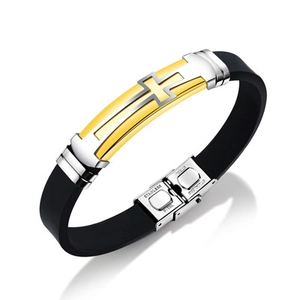 Herren Silikonarmband schwarz mit Edelstahl-Kreuz-Plakette in Gold und Silber Optik