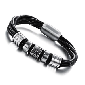 Vintage Men's Multilayer Black Leather Bracelet Stainless Steel Geometric Engraved Beads Magnetic Clasp Braided Wrap Jewelry