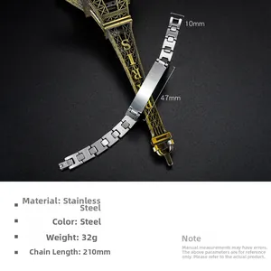 Close-up of brushed stainless steel rectangle plate on men's bracelet with H-link chain