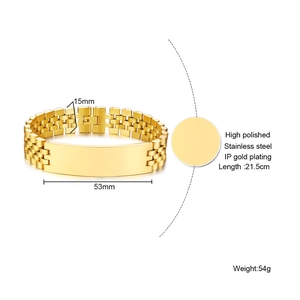 Spécifications du bracelet en acier doré avec plaque courbée de 53mm et détails de taille