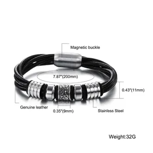 Multilayer black leather men's bracelet with stainless steel magnetic clasp and scroll engraving