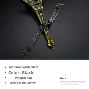 Detail view of black stainless steel bracelet with specs: 210mm length and 13mm width