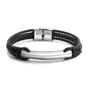 Bracelet classique pour hommes en cuir tressé noir avec plaque en acier inoxydable poli