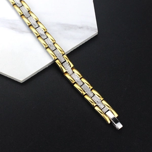 Bracelet de santé magnétique bicolore or et argent en acier avec texture d'écailles
