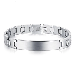 Men Stainless Steel ID Plate Bracelet Polished Brushed H-Link Chain Rhinestone Inlaid Fashion Jewelry Silver Color Biker