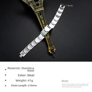 Detail view of steel rock bracelet showing 210mm length and 13mm width dimensions