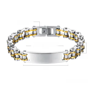Macro view of two-tone stainless steel punk chain bracelet with 45mm curved plate detail