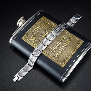 Adjustable silver stainless steel chain bracelet with textured grid links for men