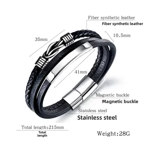 Detail view of multi-layer men's leather bracelet with steel buckle and 215mm length specs