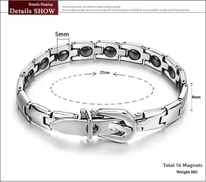 Detail view of 22cm steel magnetic bracelet with belt buckle clasp and 16 therapy magnets
