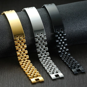 Bracelets pour hommes en acier poli doré, argenté et noir avec plaque incurvée chic