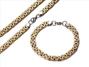 Set di gioielli collana e bracciale a catena bizantina bicolore argento e oro da uomo