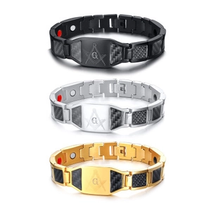 Maçonnique Bracelet en Acier Inoxydable avec Fibre de Carbone Magnétothérapie pour Hommes Vintage Géométrique Électroplaqué Bijoux