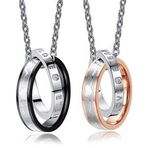 Collier Pendentif Double Anneau ECG en Acier Inoxydable pour Couples Gravure Love Eternity Bijoux Mode avec Strass