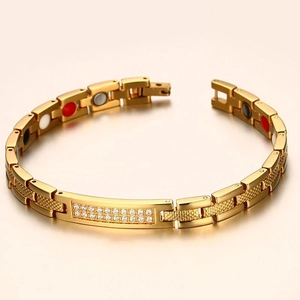 Women's gold plated stainless steel magnetic bracelet featuring double row zircon crystals