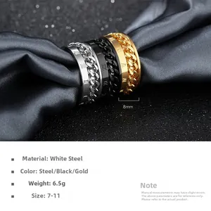 Macro view of 8mm rotatable chain ring with Roman numerals in steel, black and gold