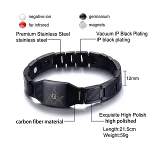 Bracelet de magnétothérapie en acier noir 12mm avec fibre de carbone et logo maçonnique