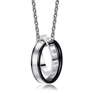 Collier couple à double anneau poli en argent et noir avec gravure de battement