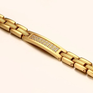 Luxurious gold stainless steel bracelet with double row zircon inlays on a rectangular plate