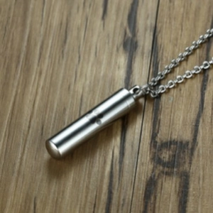 Stainless steel pet memorial cylinder necklace with laser-etched paw print design