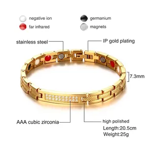 Golden stainless steel magnetic health bracelet with AAA cubic zirconia stones for women