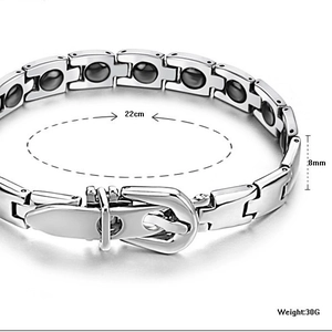 Polished stainless steel magnetic bracelet with belt buckle clasp, 8mm width and 22cm length
