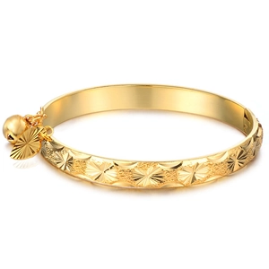 Kids Gold Plated Copper Bangle With Bell Heart Pendant Star Carved Pattern Korean Style Fashion Jewelry Gift For Girls
