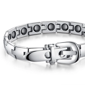 Polished silver magnetic therapy bracelet with buckle clasp for men and women